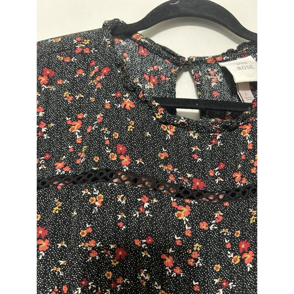 Knox Rose Women's Dark Floral Top Size L Peasant Long Sleeve Black Red Lace - Picture 3 of 16
